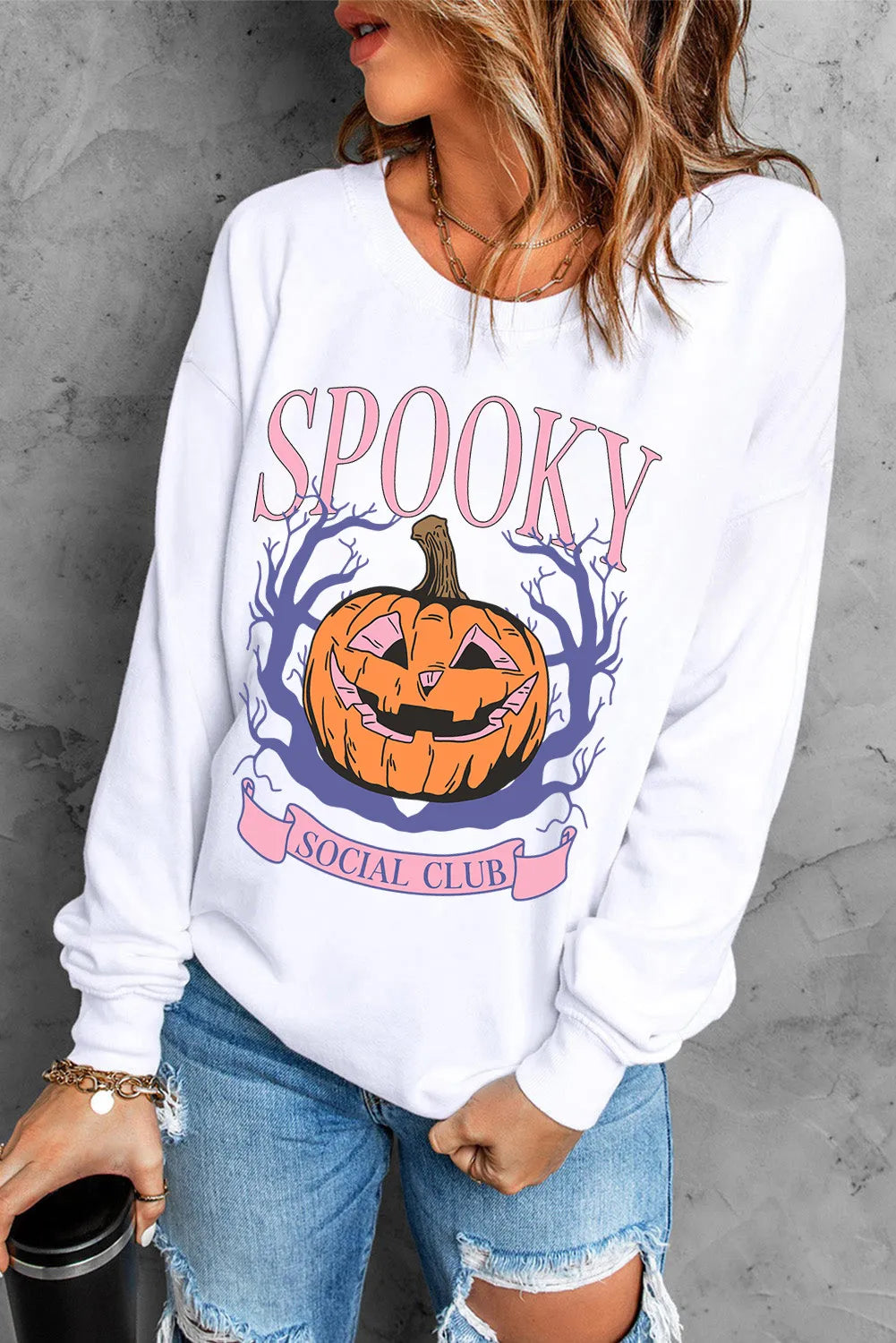 Jack-O'-Lantern Round Neck Long Sleeve Sweatshirt DAME BOHEME