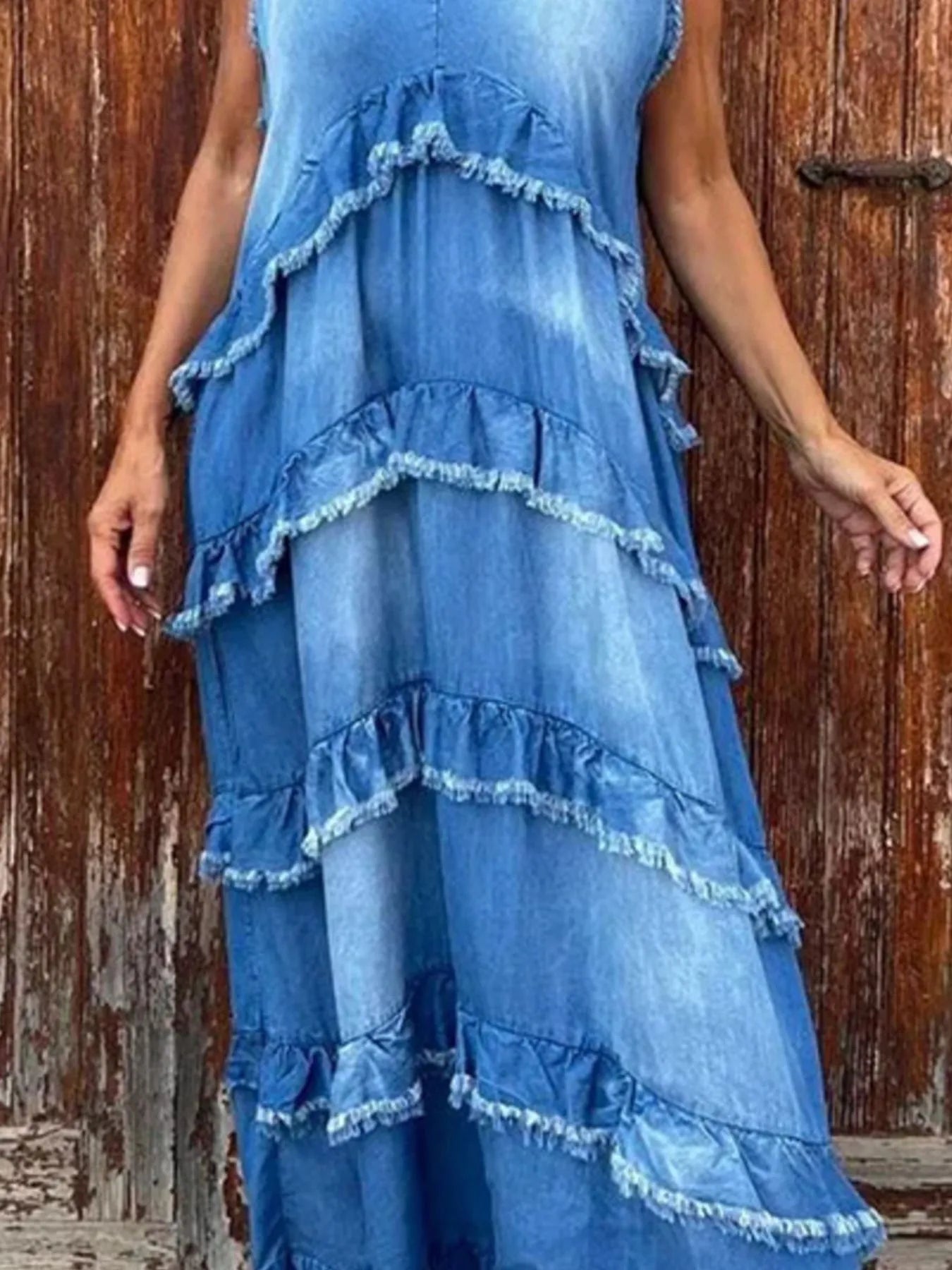 Raw Hem Layered Denim Maxi Dress Plus Size DAME BOHEME