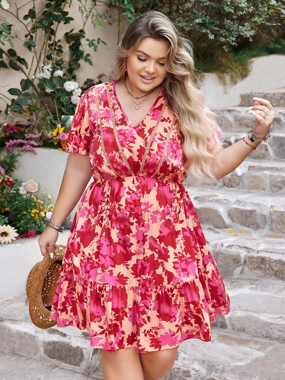 Plus Size Printed V-Neck Flutter Sleeve Dress Trendsi
