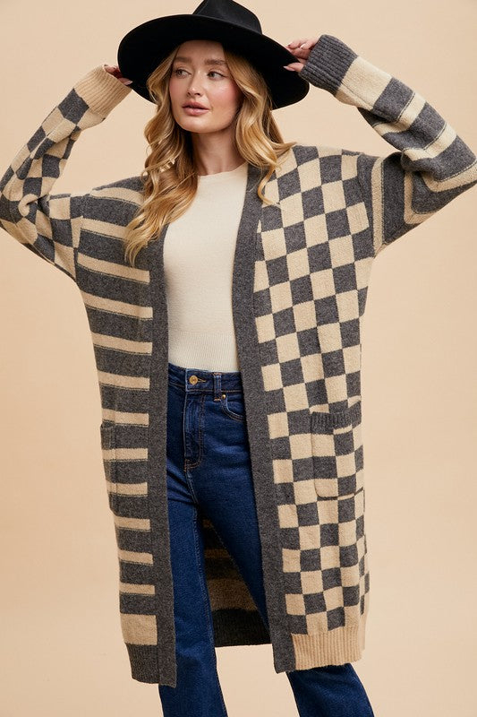 Checkered & Striped Open Front Long Sleeve Cardigan Trendsi