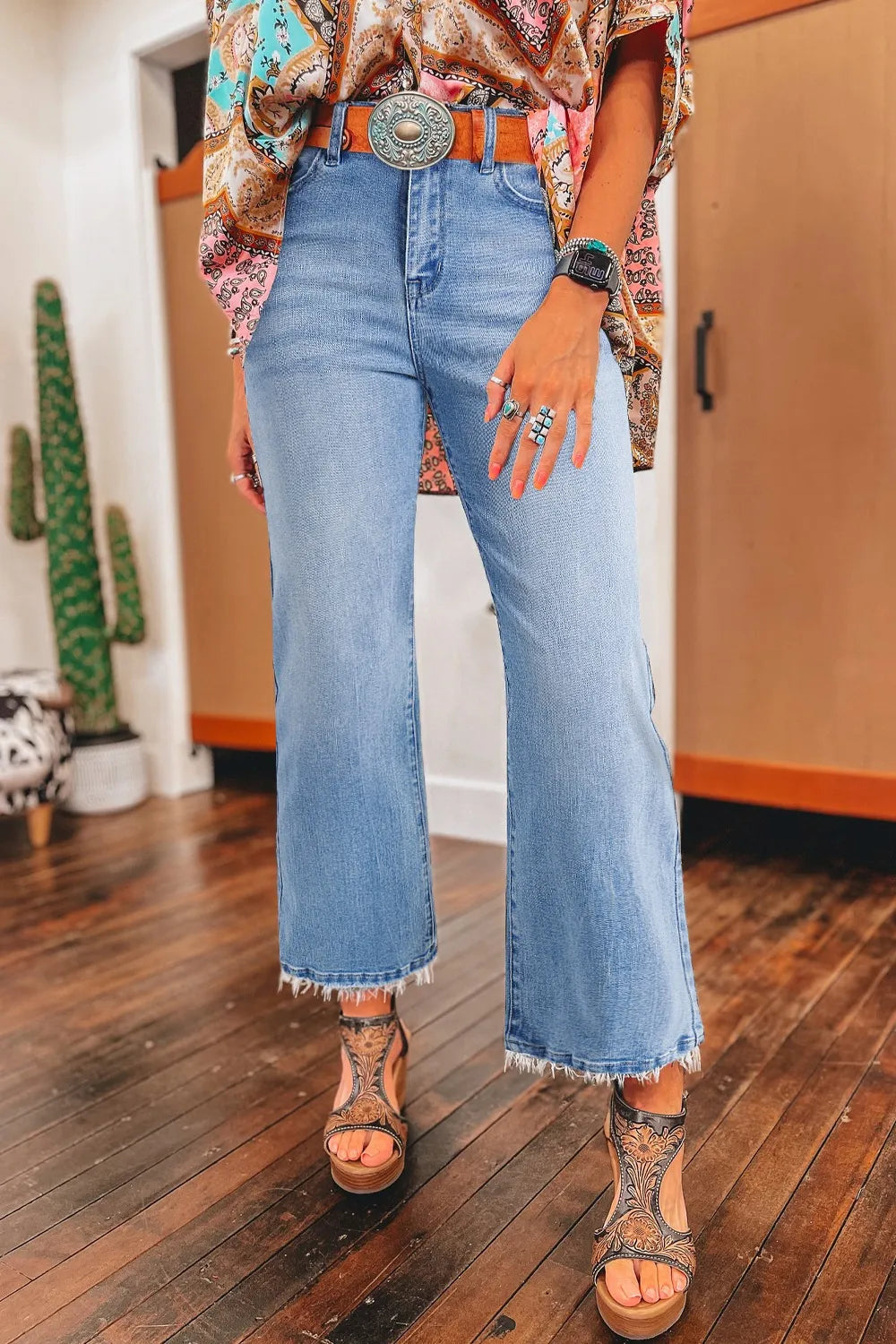 Mineral Wash Raw Hem High Waist Flared Jeans DAME BOHEME