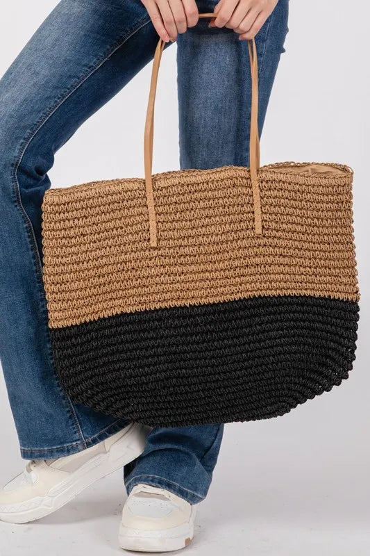 Fame Straw Braided Beach Tote Bag Trendsi