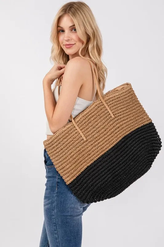 Fame Straw Braided Beach Tote Bag Trendsi
