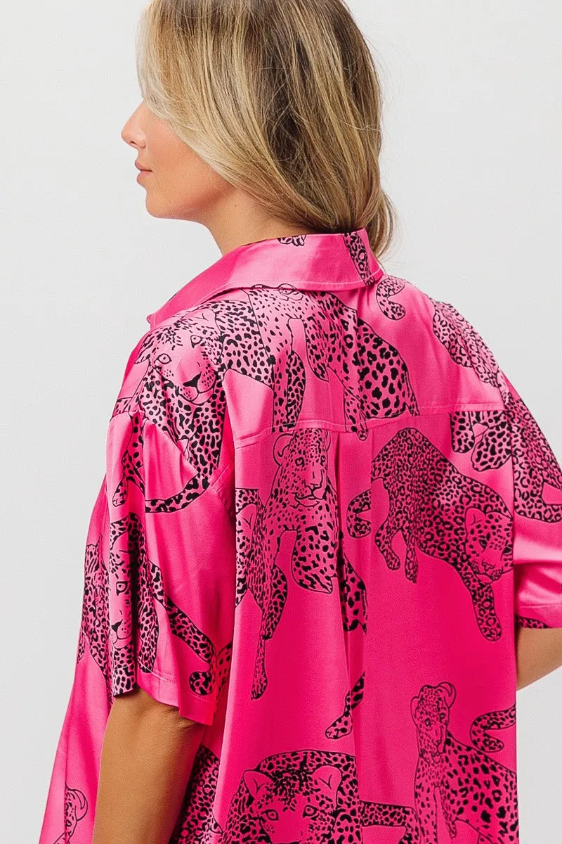 BiBi Leopard Print Short Sleeve Silky Satin Shirt Trendsi