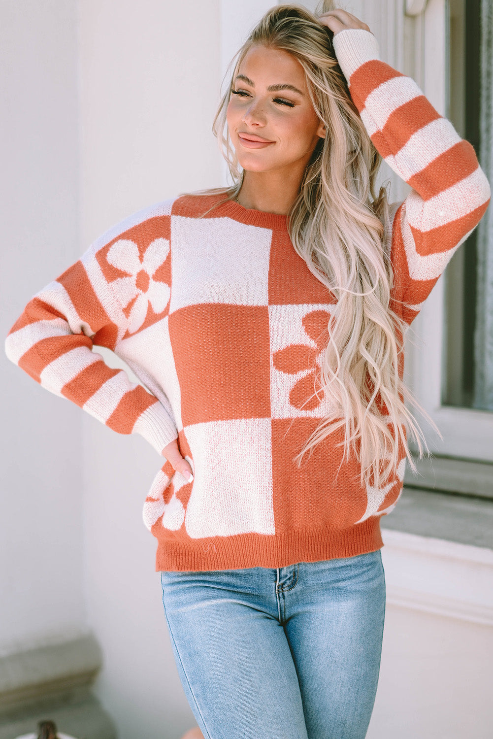 Miller Checkered Floral Striped Sleeve Sweater DAME BOHEME