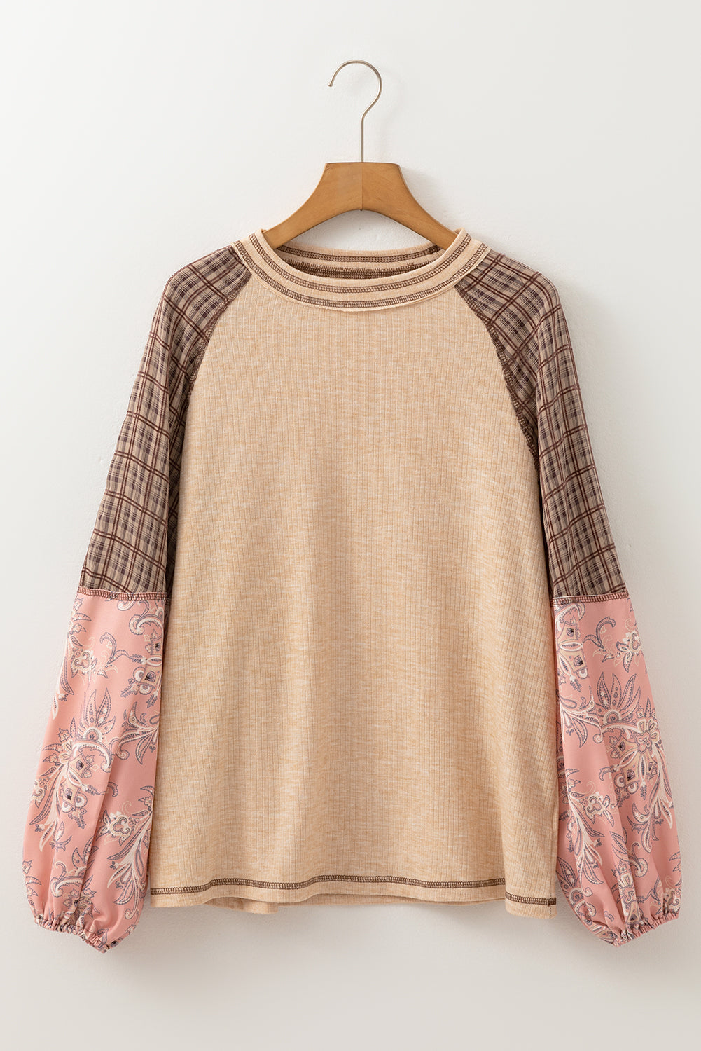 Elena Raglan Sleeve Ribbed Knit Patchwork BlouseĀ DAME BOHEME