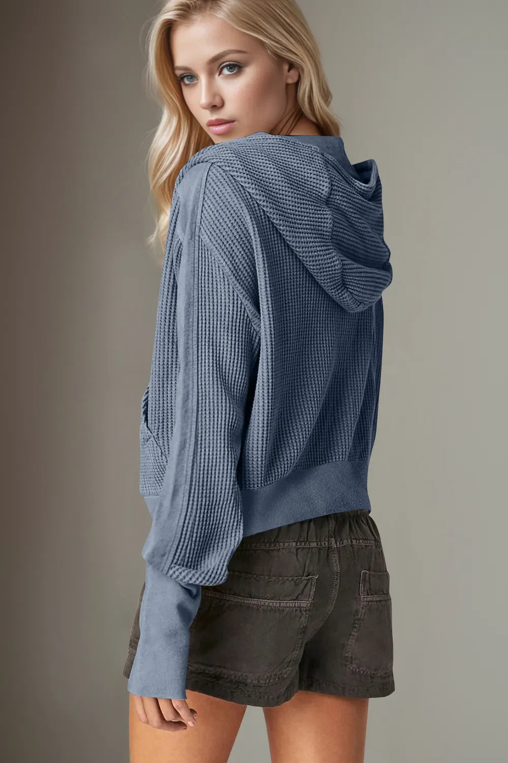 Double Take Waffle-Knit Zip Up Long Sleeve Hooded Jacket DAME BOHEME