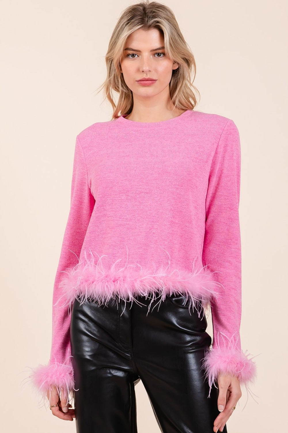 Mittoshop Feather Trim Long Sleeve Crop Hacci Knit Top Trendsi