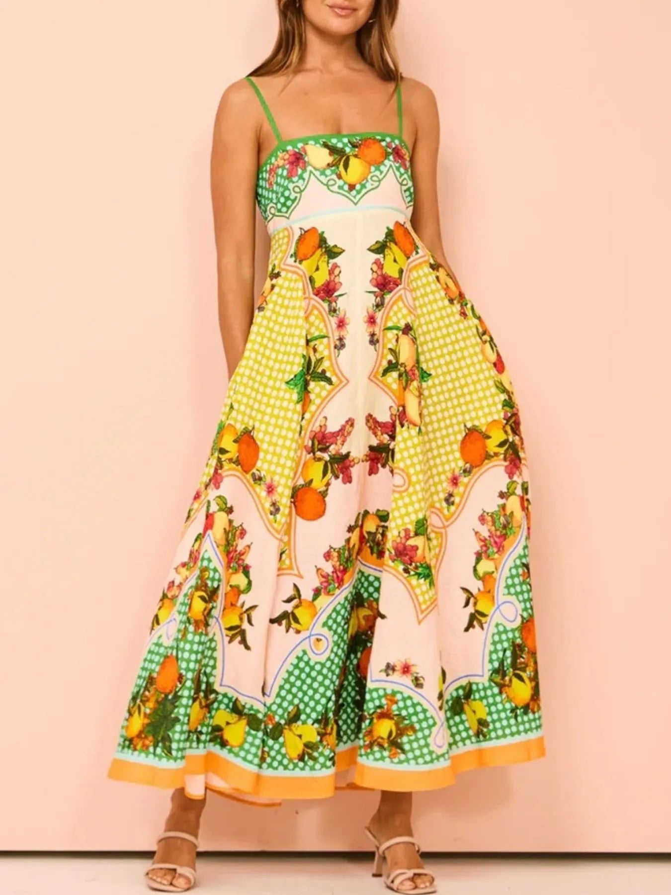 Fruit Print Square Neck Maxi Cami Dress Plus Size Trendsi