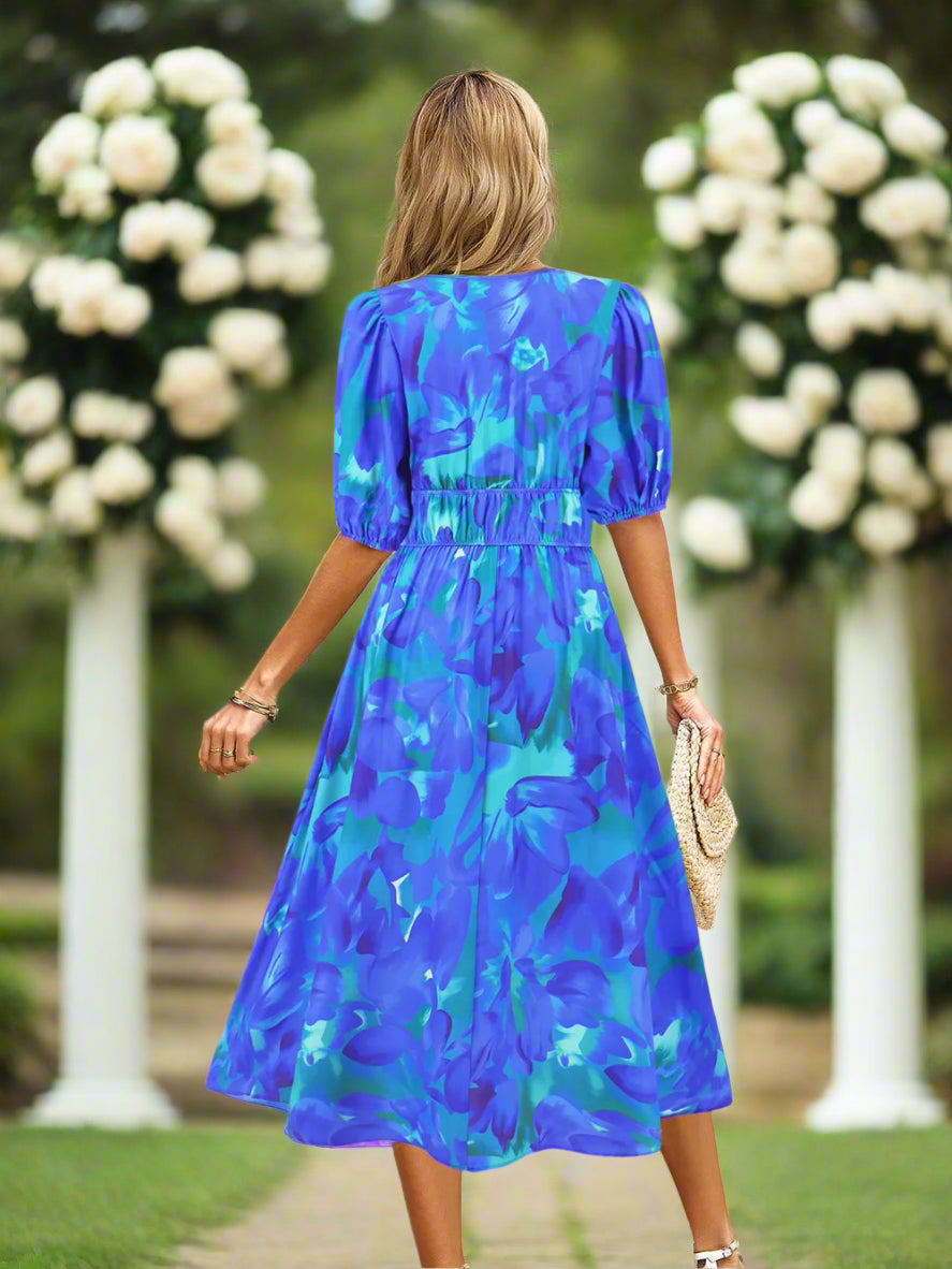 Ruched Roses Surplice Short Sleeve Dress Trendsi
