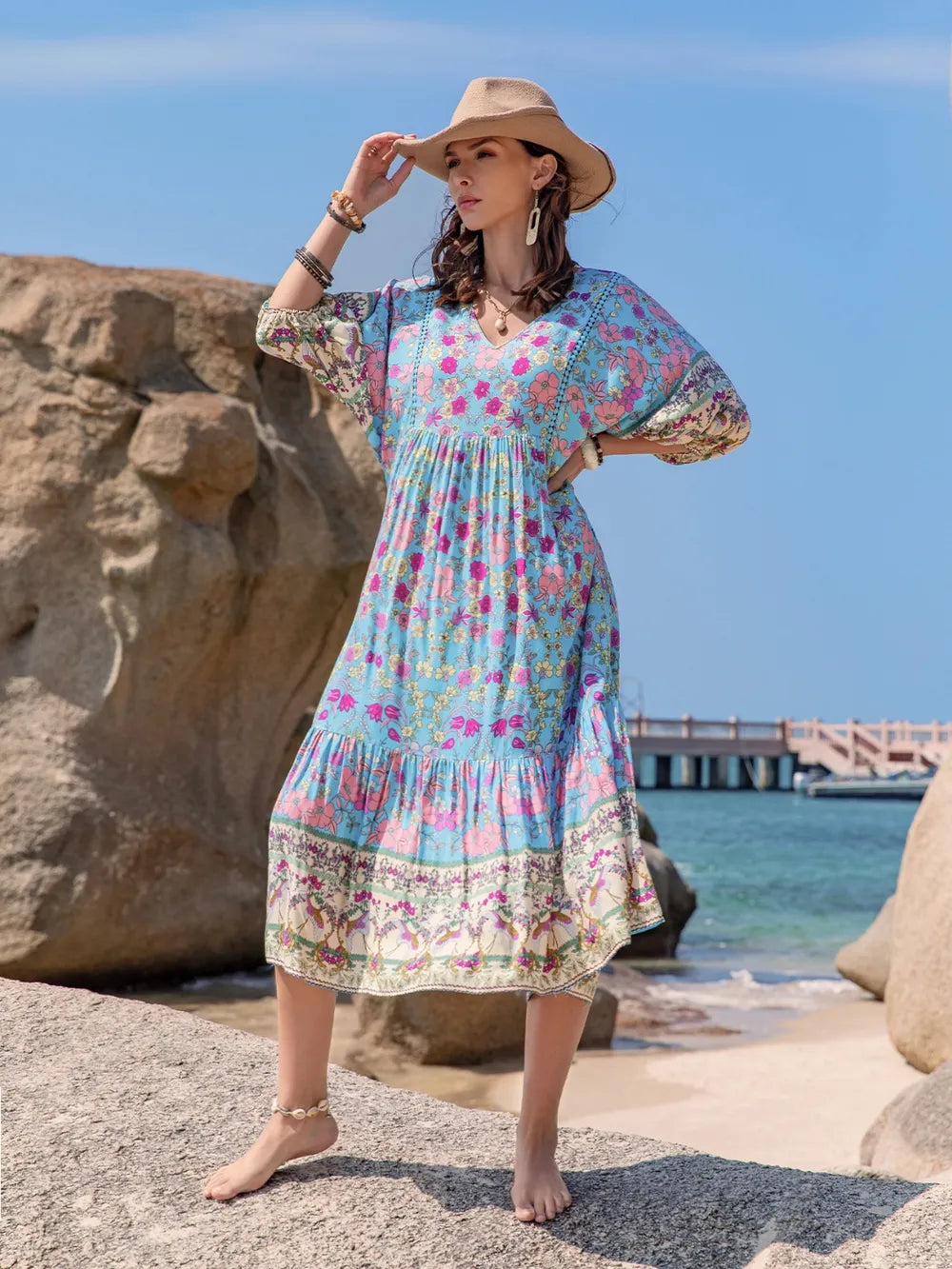Boho Chic Printed Puff Sleeve Ruched Midi Dress Trendsi