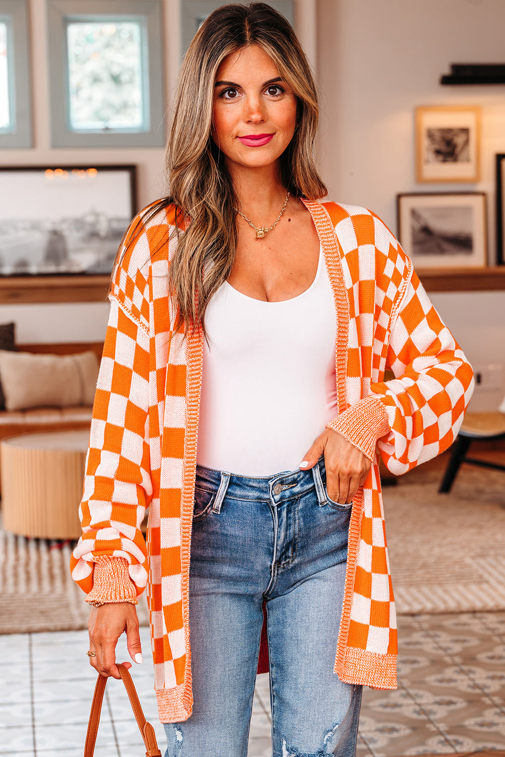 Wrenley Checkered Open Front Drop Shoulder Cardigan DAME BOHEME