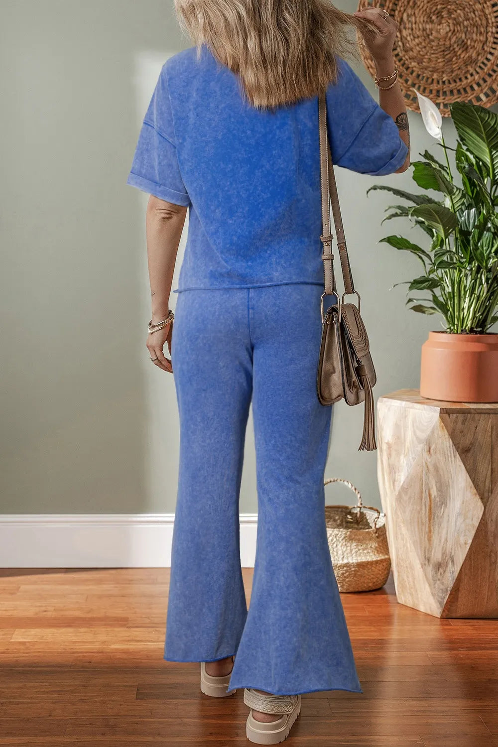 Acid Wash Star Patched Rolled Trim Top and Pants Set DAME BOHEME