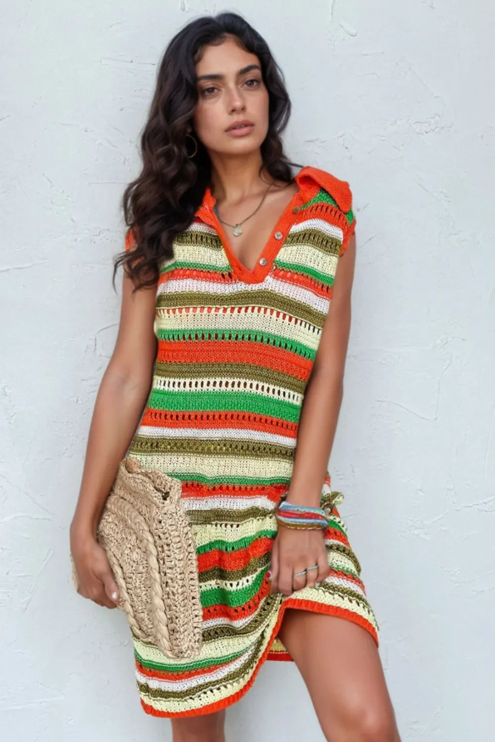 Openwork Stripe Sleeveless Sweater Dress DAME BOHEME