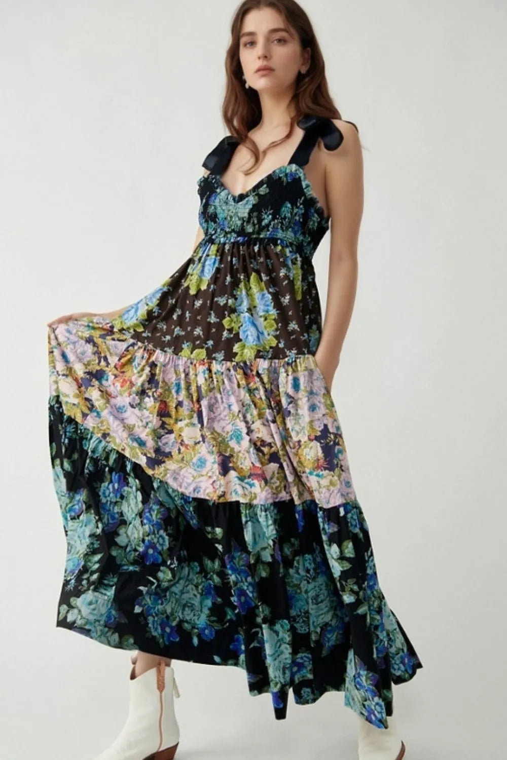 Floral Tiered Maxi Dress with Mixed Print Design Trendsi