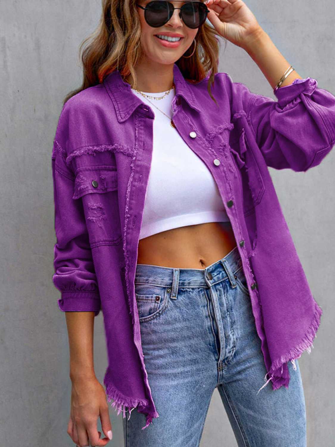 Distressed Drop Shoulder Denim Jacket Plus Size Trendsi