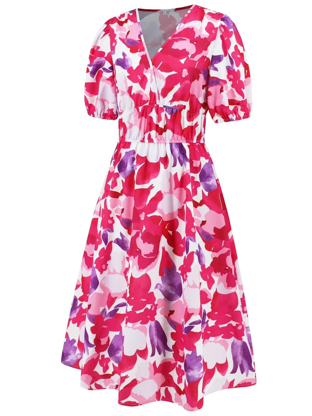 Ruched Roses Surplice Short Sleeve Dress Trendsi