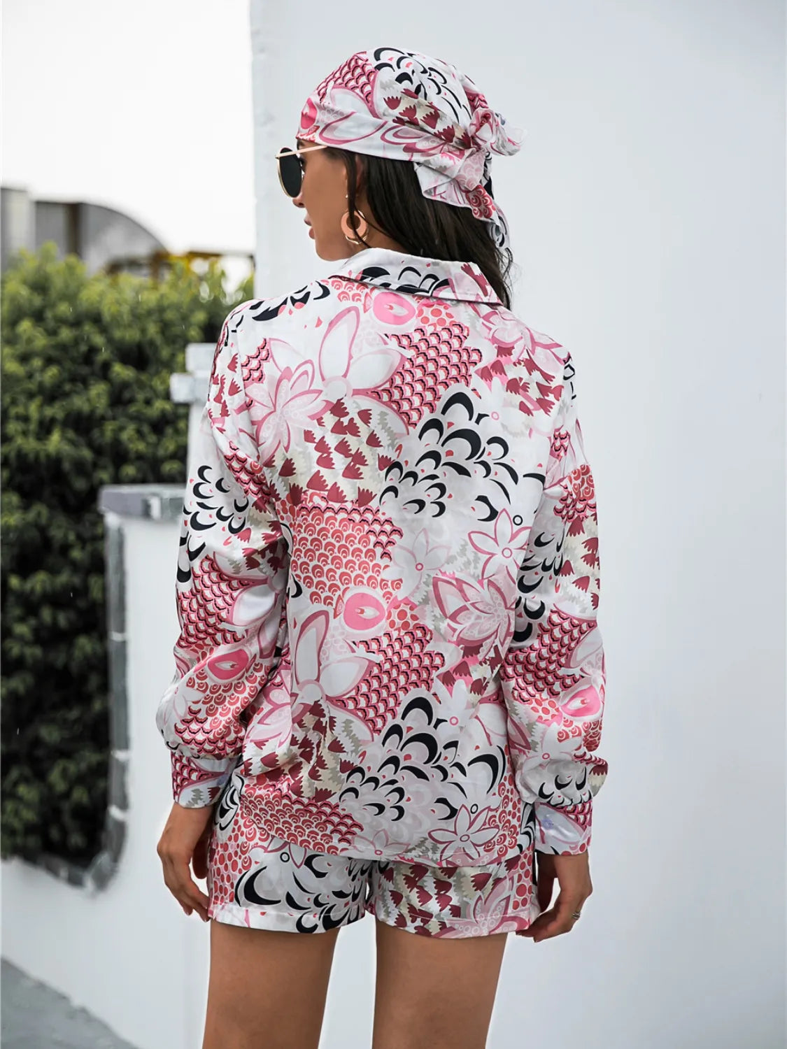 Printed Button Up Long Sleeve Shirt and Shorts 3 Pc Set Trendsi