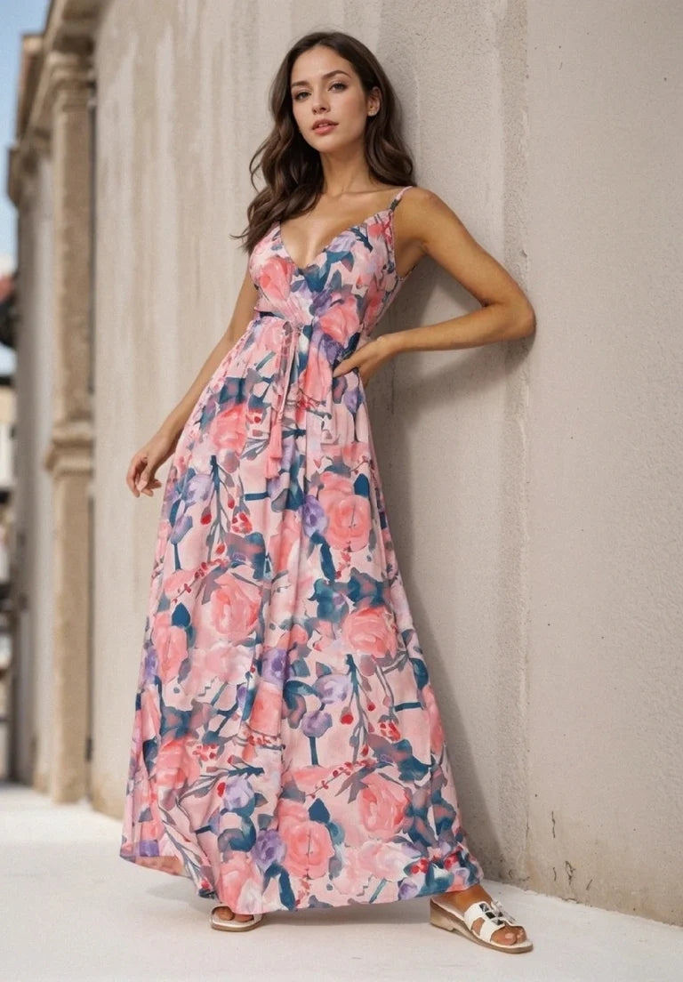 Floral Print Surplice Spaghetti Strap Maxi Dress Trendsi