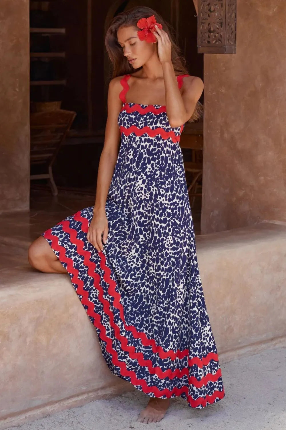 Printed Square Neck Wide Strap Maxi Dress Trendsi