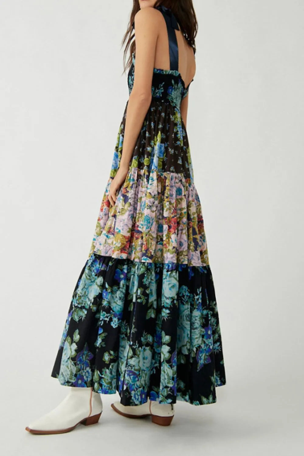 Floral Tiered Maxi Dress with Mixed Print Design Trendsi