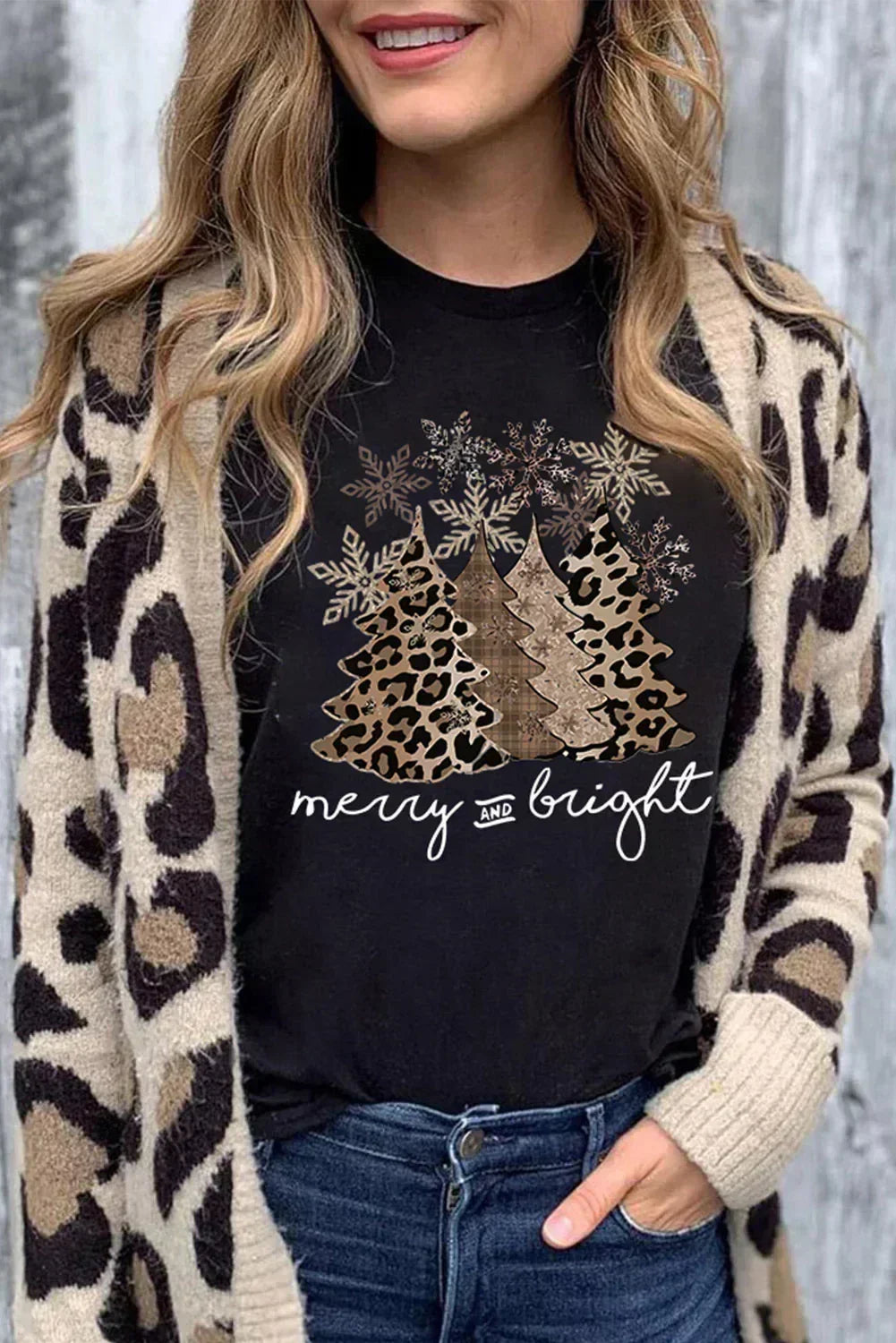 White Leopard Christmas Tree Graphic Tee – Festive & Fierce Crewneck DAME BOHEME
