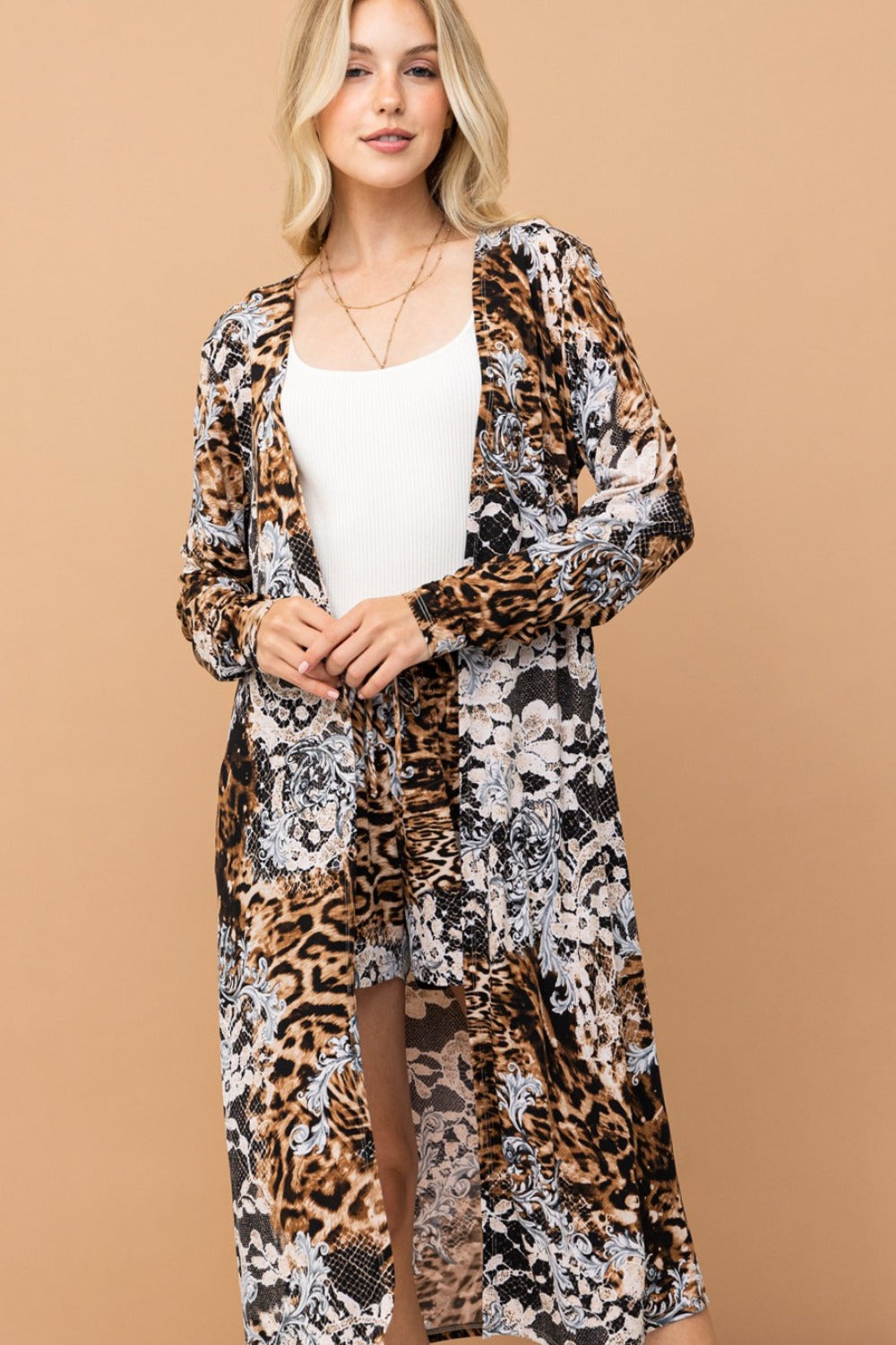 Leopard Kimono Open Front Longline Cardigan Trendsi