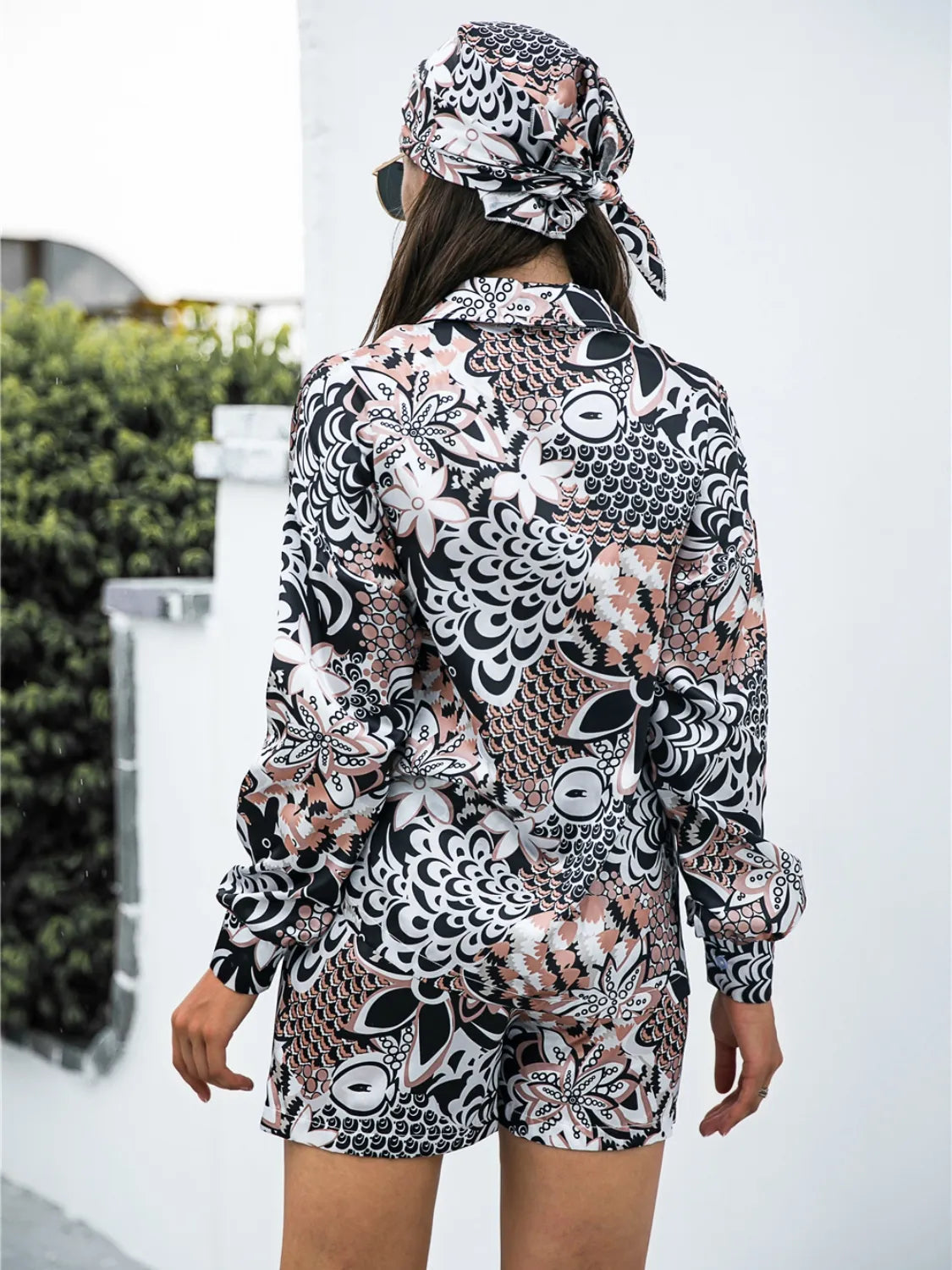 Printed Button Up Long Sleeve Shirt and Shorts 3 Pc Set Trendsi