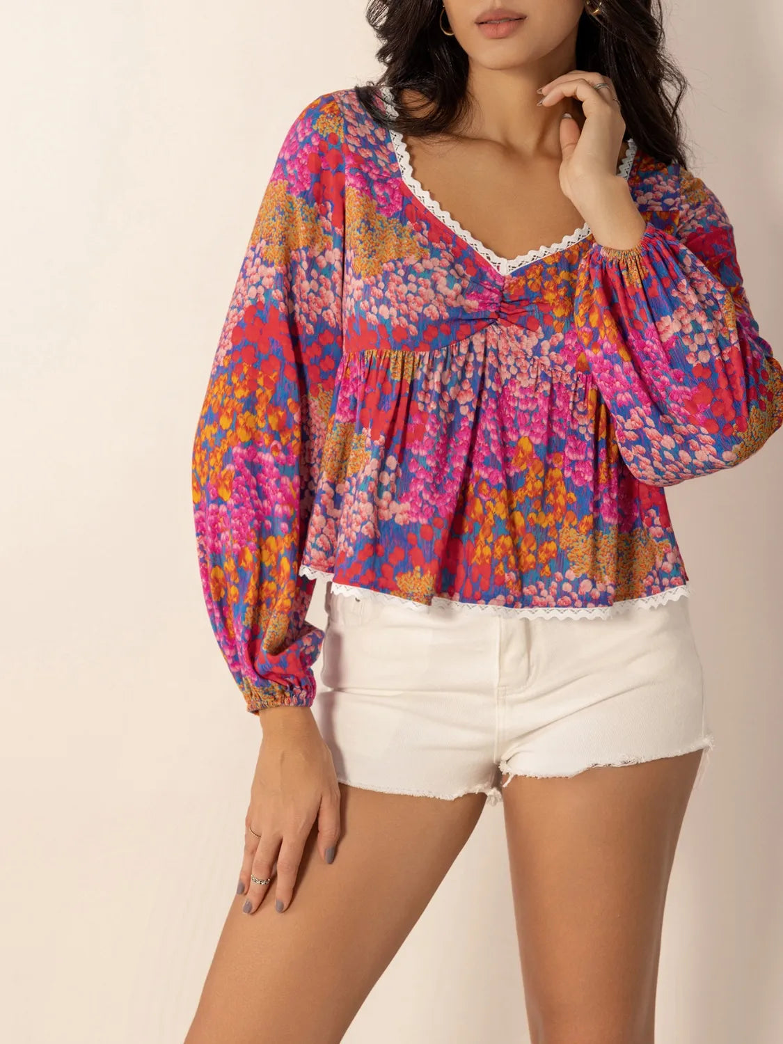 Lace Detail Printed Balloon Sleeve Crop Top Trendsi