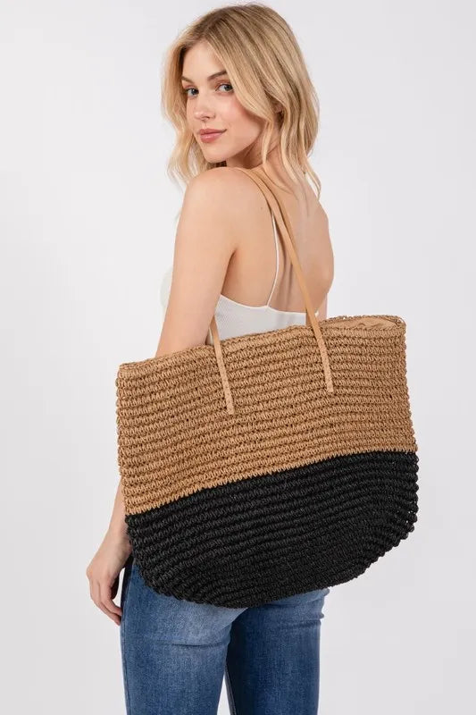Fame Straw Braided Beach Tote Bag Trendsi