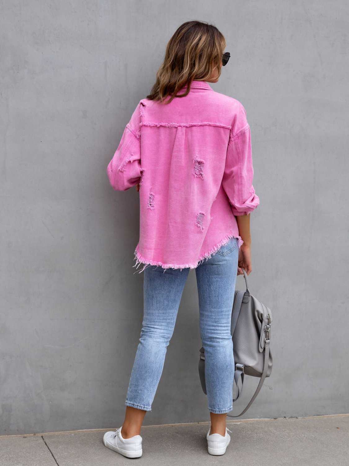 Distressed Drop Shoulder Denim Jacket Plus Size Trendsi