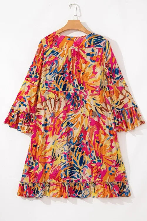 Printed Flare Sleeve Ruffled Hem Dress Trendsi