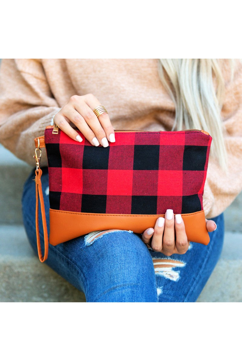 Buffalo Plaid Clutch - PU Leather Trim and Wristlet DAME BOHEME