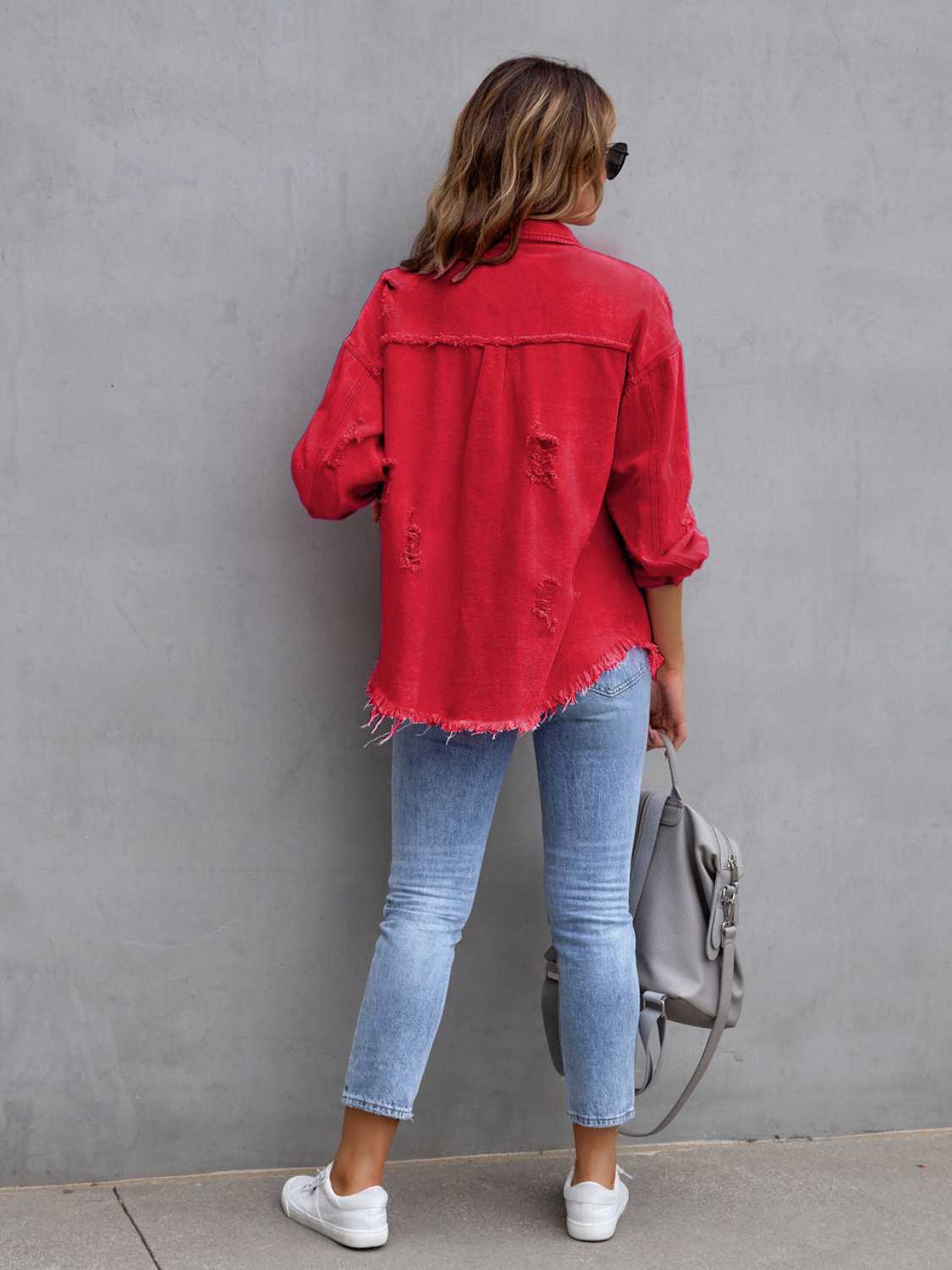 Distressed Drop Shoulder Denim Jacket Plus Size Trendsi