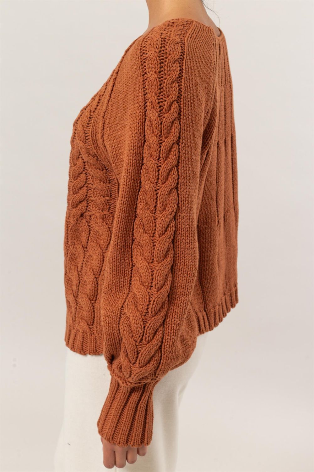 HYFVE Cable-Knit Round Neck Raglan Sleeve Sweater Trendsi