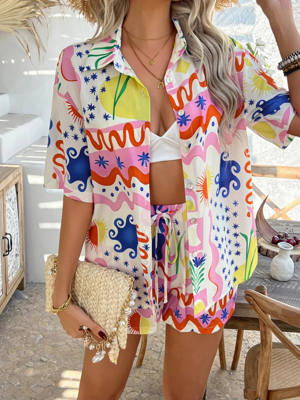 Devine Tropical Print Button-Down Shirt and Shorts Set Trendsi