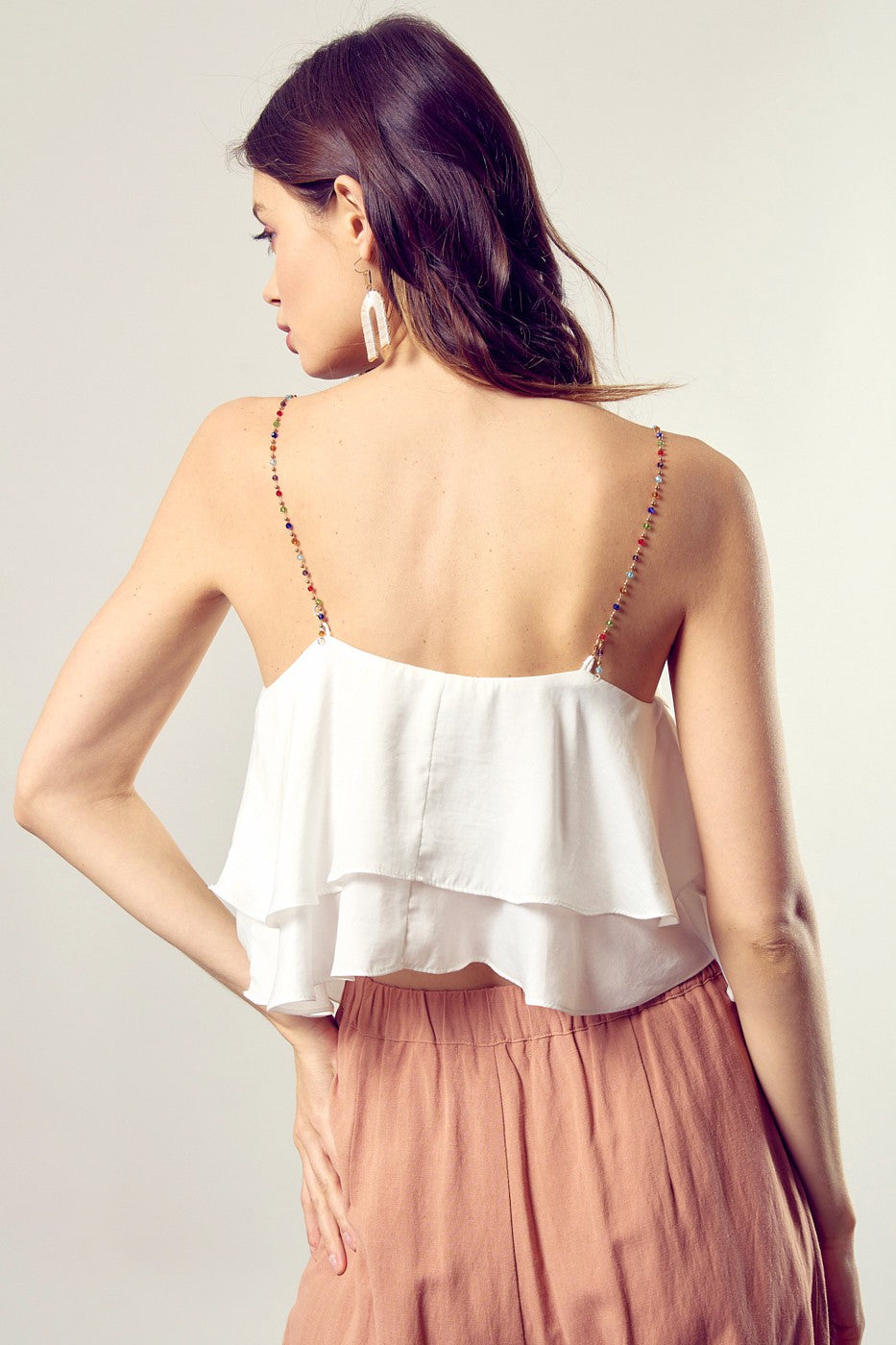 Boho White Layered Cami Top with Beaded Straps DAME BOHEME