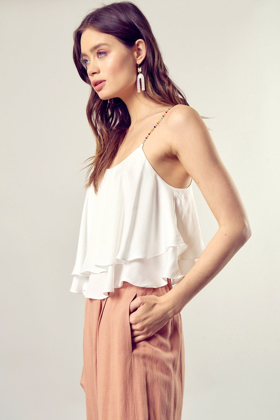 Boho White Layered Cami Top with Beaded Straps DAME BOHEME