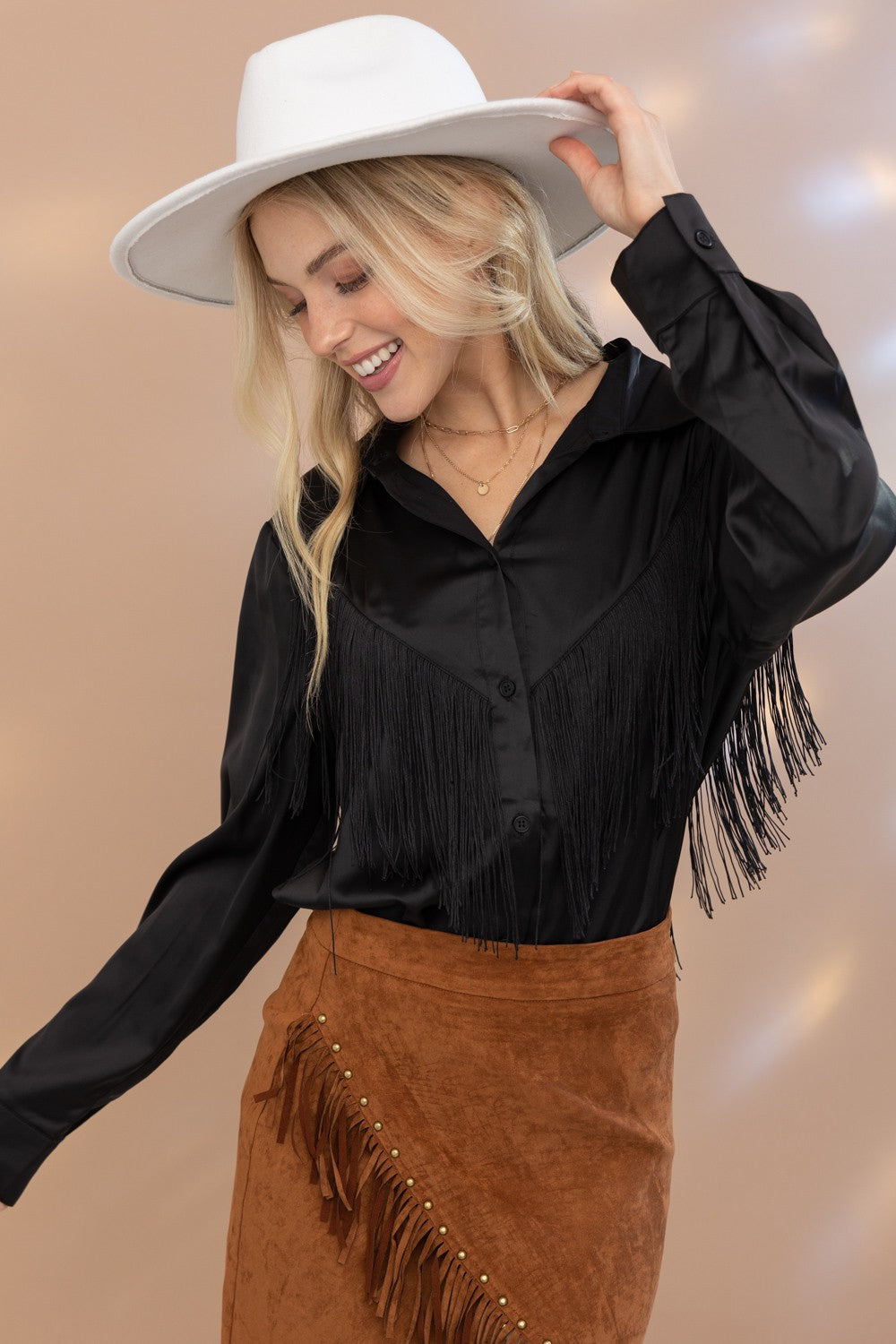 Chevron Fringe Satin Button-Down Boho Shirt Blue B
