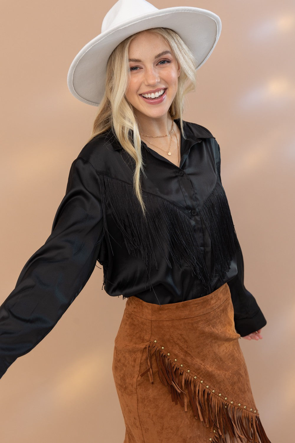 Chevron Fringe Satin Button-Down Boho Shirt Blue B