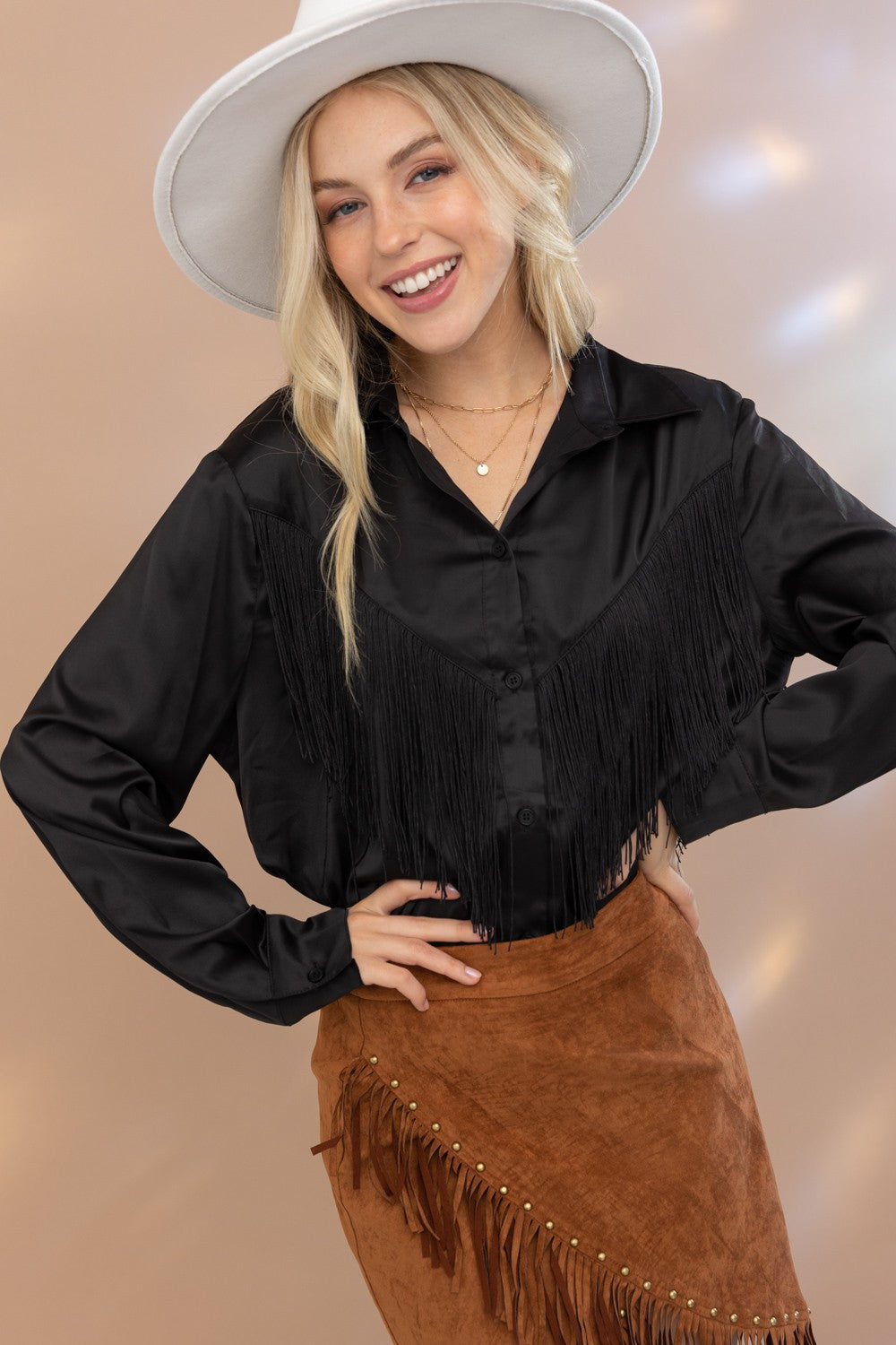 Chevron Fringe Satin Button-Down Boho Shirt Blue B