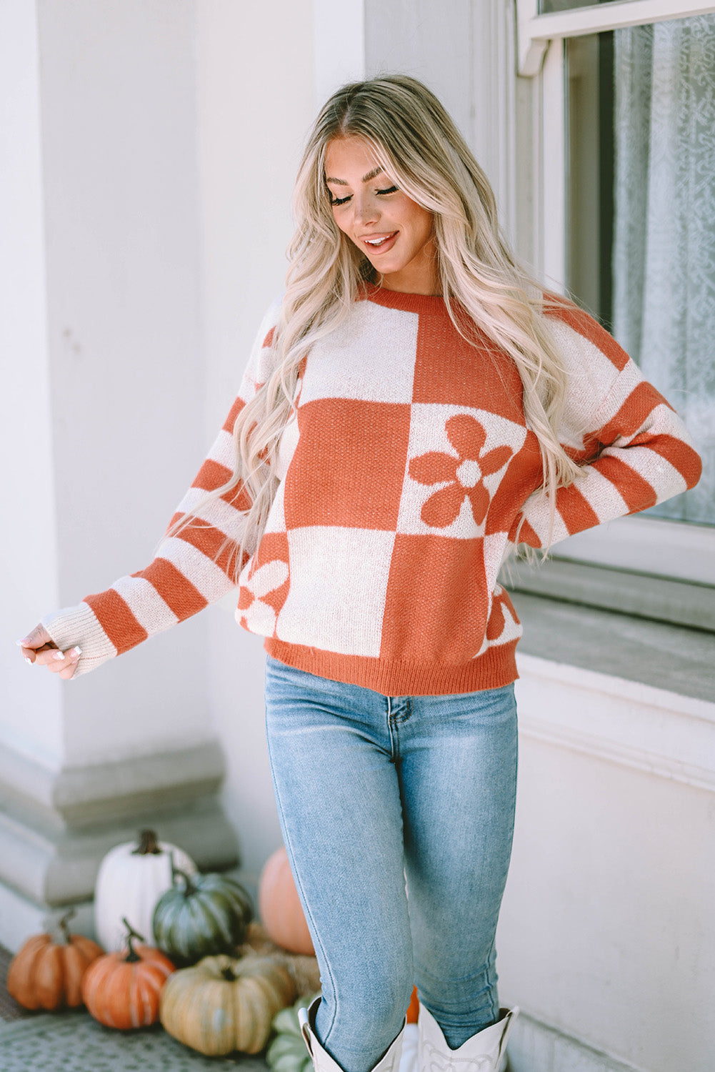 Miller Checkered Floral Striped Sleeve Sweater DAME BOHEME