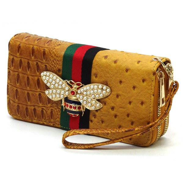 Queen Bee Stripe Ostrich Double Zip Around Faux Vegan Leather Wallet Fashion World
