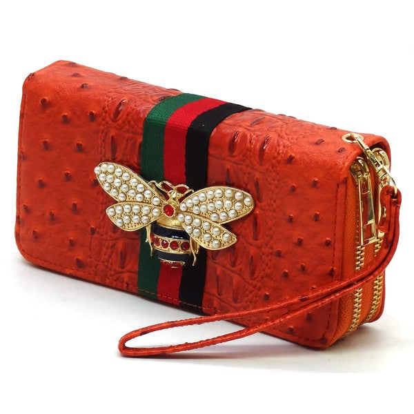 Queen Bee Stripe Ostrich Double Zip Around Faux Vegan Leather Wallet Fashion World