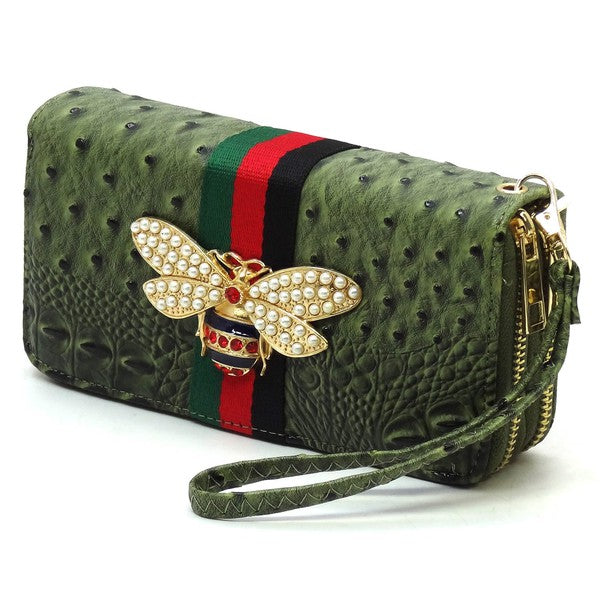 Queen Bee Stripe Ostrich Double Zip Around Faux Vegan Leather Wallet Fashion World