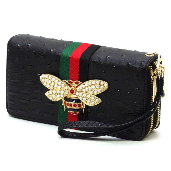 Queen Bee Stripe Ostrich Double Zip Around Faux Vegan Leather Wallet Fashion World