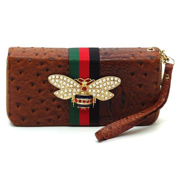 Queen Bee Stripe Ostrich Double Zip Around Faux Vegan Leather Wallet Fashion World