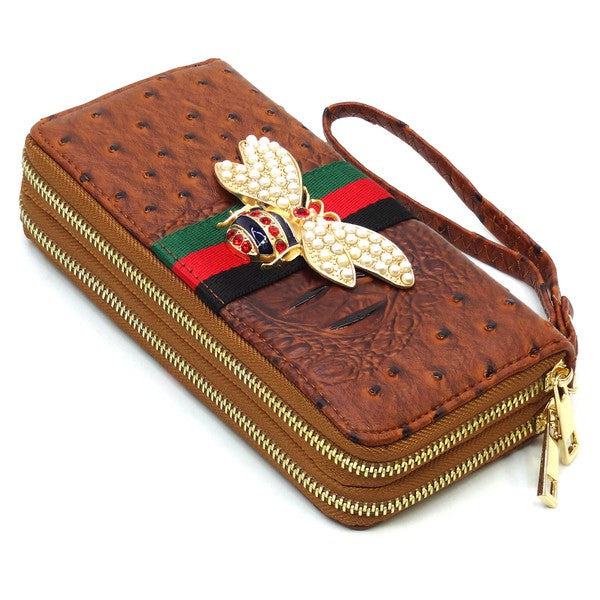 Queen Bee Stripe Ostrich Double Zip Around Faux Vegan Leather Wallet Fashion World