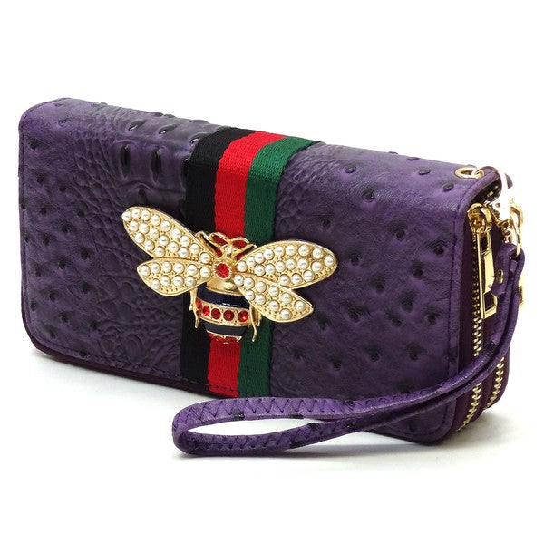 Queen Bee Stripe Ostrich Double Zip Around Faux Vegan Leather Wallet Fashion World