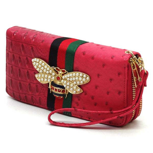 Queen Bee Stripe Ostrich Double Zip Around Faux Vegan Leather Wallet Fashion World